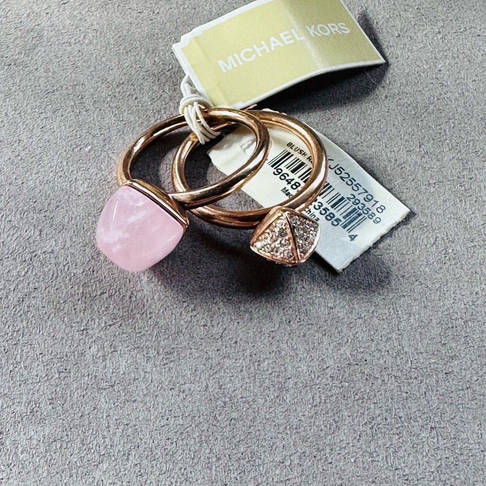 Michael Kors Rose Gold-Tone Stackable Ring Set with Pink Gem